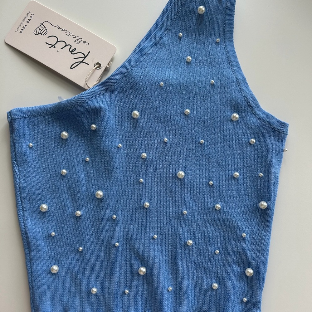 Blue One-Shoulder Top with Pearl Accents